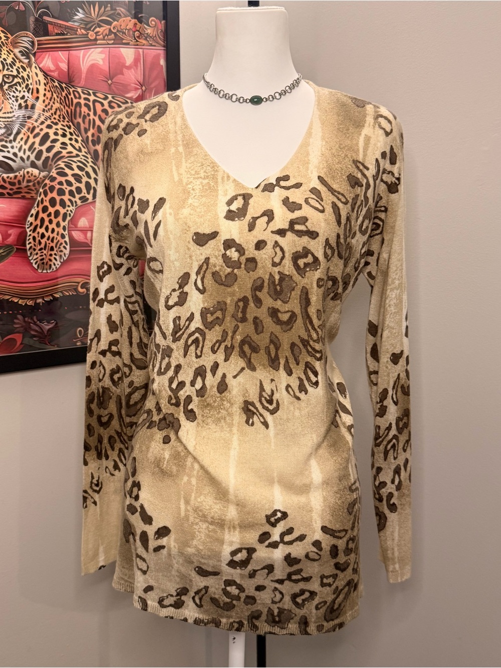 Vintage Hampshire Studio Leopard Print V-Neck Knit Sweater